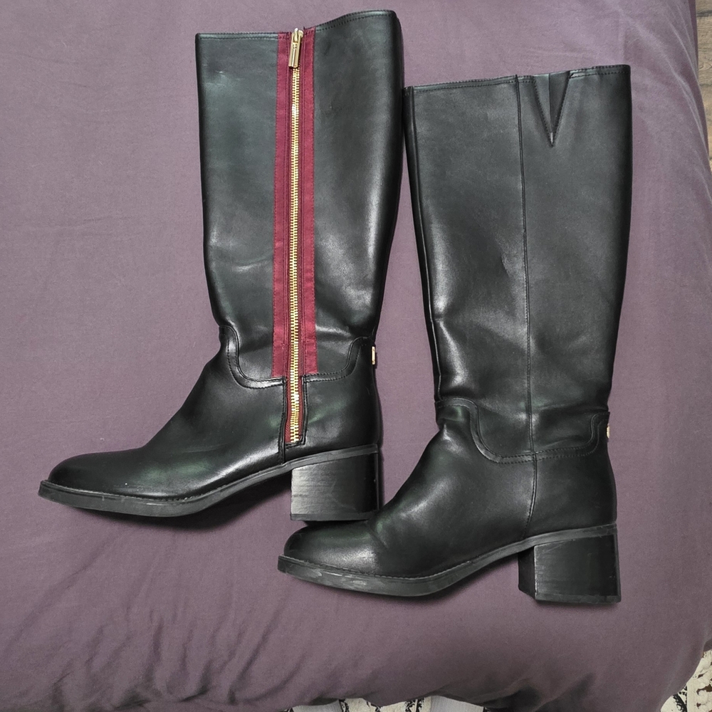 Tommy Hilfig3r Black Leather Knee-High Boots with Red Zipper